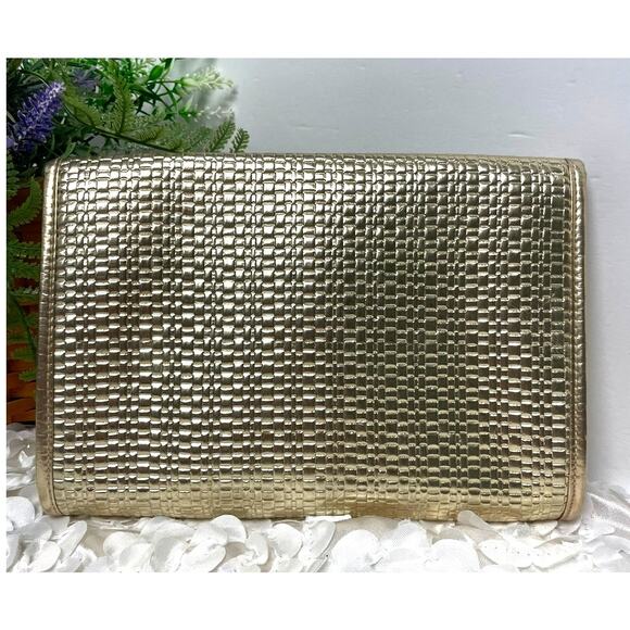 Lilly Pulitzer Gold Basketweave Metallic Clutch Vintage Floral Interior & Clasp - Picture 2 of 11